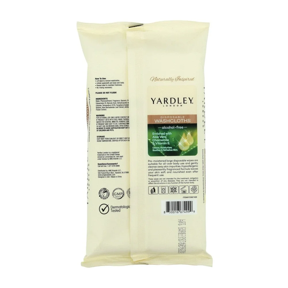 Yardley London Disposable Washcloths 3-Pack (54ct) 12x8 Body Wipes - Aloe Vera